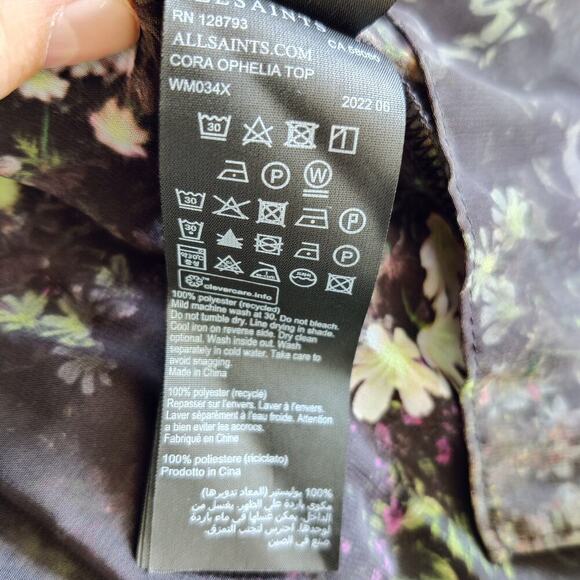 All Saints Cora Floral Top Pleated Blouse Sheer Black Ruffle Collar Neck Sz 4 - Picture 6 of 9